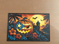 Calabaza Boricua Halloween art print featuring a Puerto Rican flag pumpkin, tropical flowers, full moon and garita
