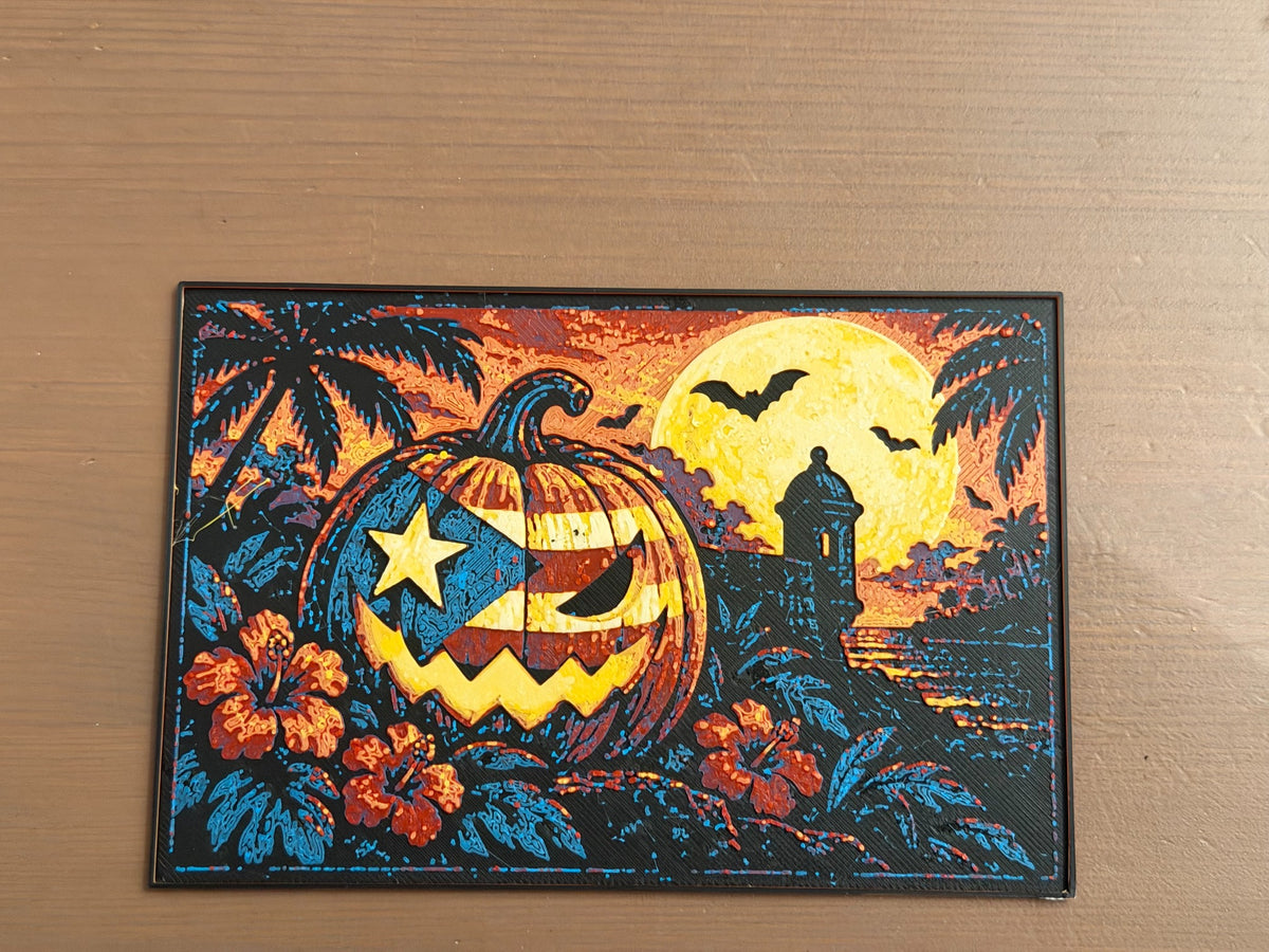 Calabaza Boricua Halloween art print featuring a Puerto Rican flag pumpkin, tropical flowers, full moon and garita