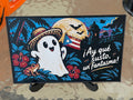 ¡Ay qué susto, un fantasma! Halloween art print close-up with a ghost wearing a straw hat and holding a Puerto Rican flag