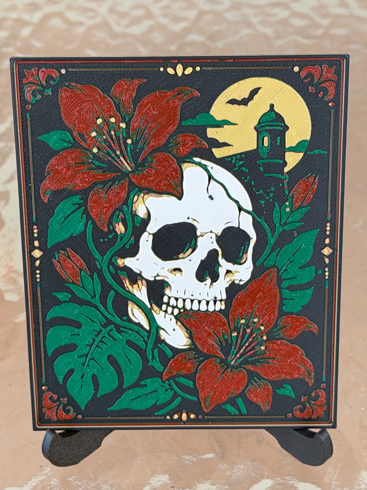 Calavera Tropical Halloween art print close-up with a skull, red flowers, green leaves and moonlit garita