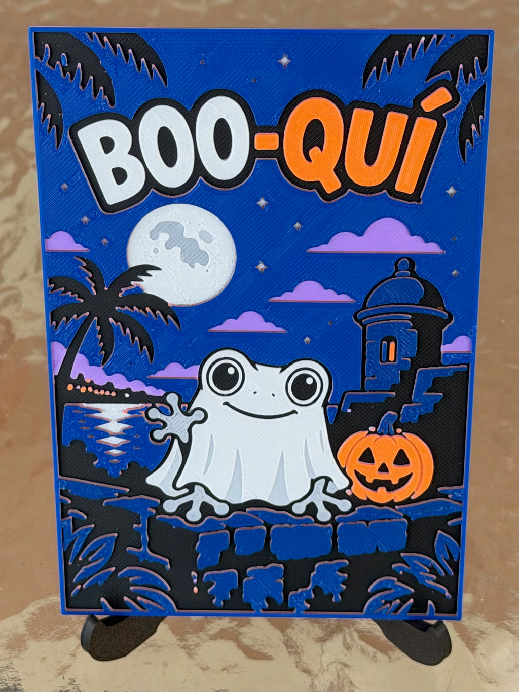 BOO-QUÍ Halloween art print close-up with a ghost coquí, pumpkin and Old San Juan garita